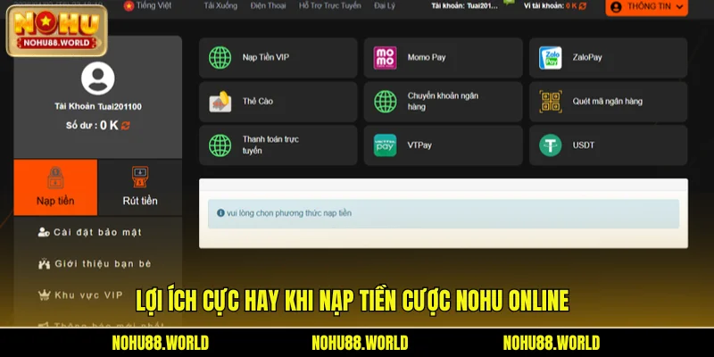 Lợi ích cực hay khi nạp tiền cược Nohu online